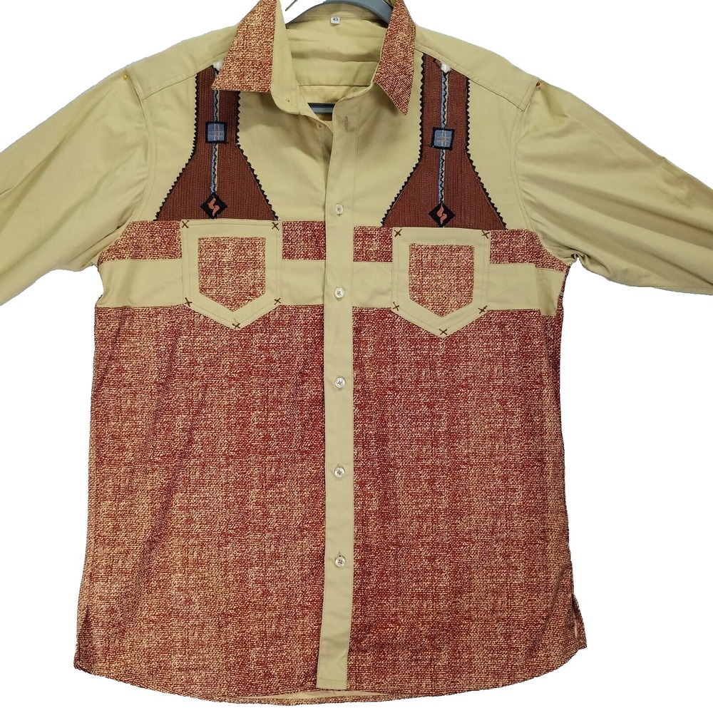 Vintage 70s Western Embroidered Shirt Men XL 43 Tan Long Sleeve Southwestern